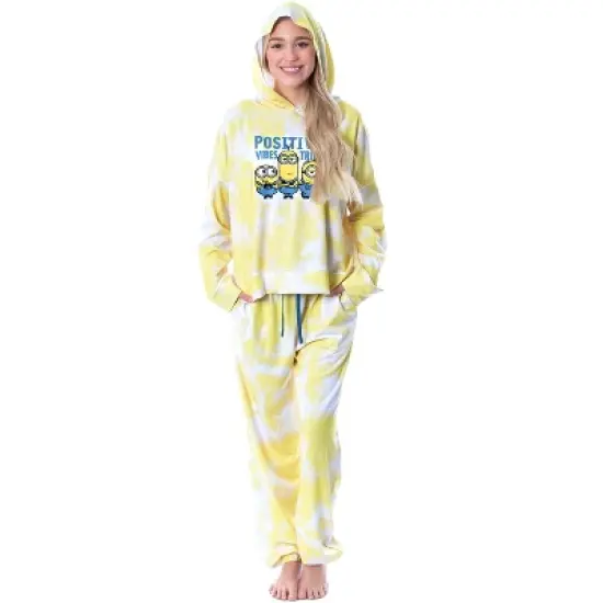 Minions Positive Vibes Tie Dye Womens' Pajama Cropped Hooded Jogger Set Yellow image {2}