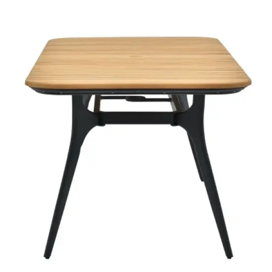 Planked Wood & Textured Weave 6Piece Outdoor Dining Set Metal Frame Table & Angled Stool Seats for Backyard image {13}