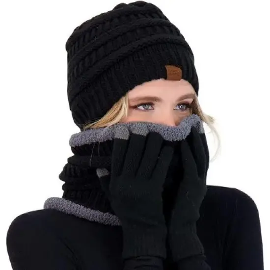 Women Winter Beanie Hat, Infinity Scarf, and Screen Friendly Gloves Set, Cold Weather Snow Gear for Adults image {2}