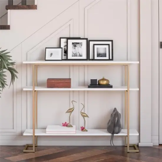 RealRooms Olten Console Sofa Table with 3 Open Shelves and Gold Metal Frame, White image {2}
