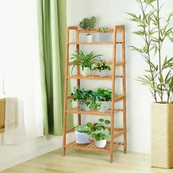 Costway 4-Tier Bamboo Ladder Shelf Multipurpose Plant Display Stand Storage Bookshelf image {1}