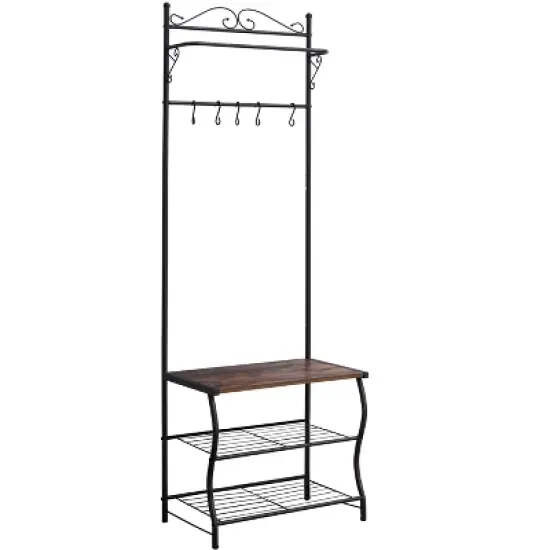 Kings Brand Furniture Brentwood Entryway Shoe Bench, Coat Rack, Hall Tree Storage Organizer with Hooks, Black image {3}