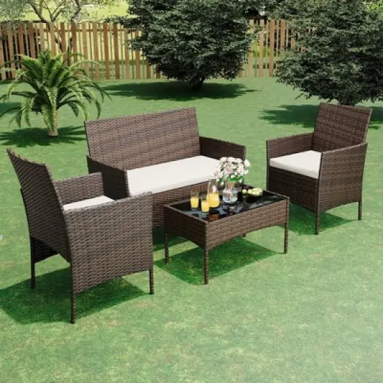 homfan 4-Piece All-Weather Wicker Patio Set, Outdoor Rattan Conversation Furniture with Cushions & Glass Table, for Garden, Porch, Poolside image {10}
