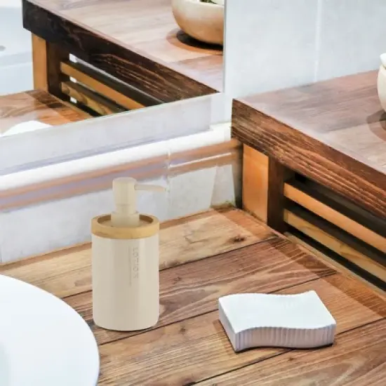 Evideco French Home Goods Elegant Soap Dispenser - Polyresin and Bamboo Design, Refillable Liquid Pump image {5}