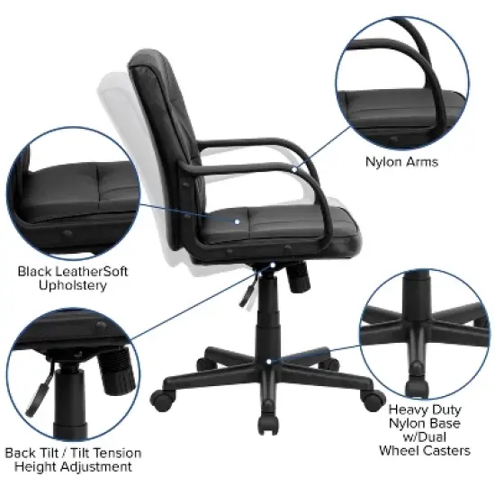 Mid-Back LeatherSoft Swivel Task Office Chair with Arms Black - Flash Furniture image {4}