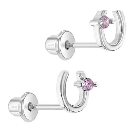 Girls' Lucky CZ Horseshoe Screw Back Sterling Silver Earrings - In Season Jewelry image {1}