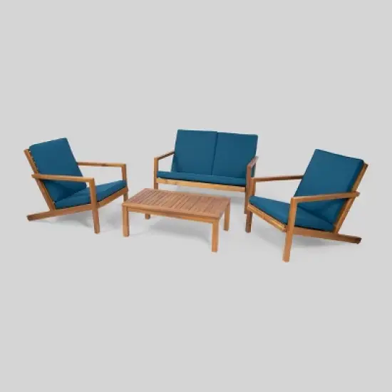 4pc Leah Acacia Wood Patio Chat Set Dark Teal - Christopher Knight Home image {1}
