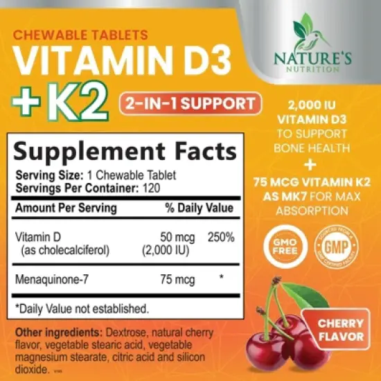Vitamin D3 with K2 Supplement - High Potency Vitamin D Complex, Chewable - 60 Tablets;120 Tablets;180 Tablets image {1}