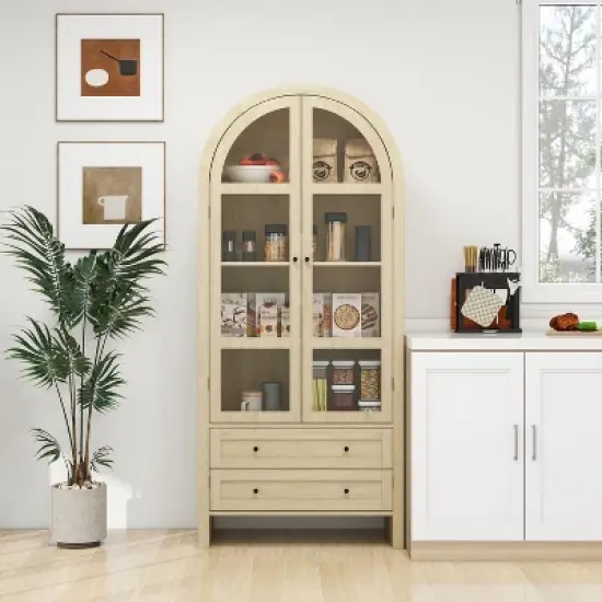 NicBex Natural Tall Arched Kitchen Pantry Cabinet with Storage Drawers & Glass Doors,Versatile Cupboard Buffet Cabinet for Kitchen,Dining Room image {5}