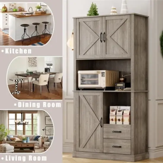 Kitchen Pantry Cabinet with Microwave Stand & Drawers - Tall Hutch Bar Cabinet, Adjustable Shelves, Large Wood Storage for Dining Room, Living Room image {5}