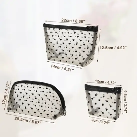 Unique Bargains Women's Heart Shape Print Mesh Makeup Bag 4 Pcs image {3}