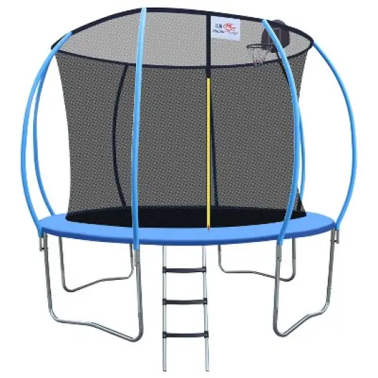 Racxily 12ft Foldable Trampoline for Adults with Handrail - 400lb Capacity, Blue Round Fitness Rebounder, Compact & Portable Home Workout image {1}