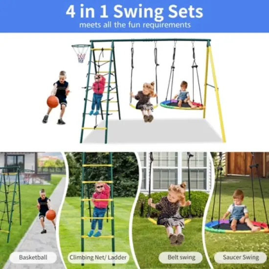 106.50"Indoor/Outdoor Metal Swing Set with Safety Belt for Backyard,Multicolor image {11}
