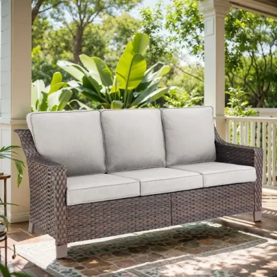 POCASSY Wicker Outdoor Couch, Brown Wicker Sofa Outdoor Furniture with All Weather Rattan and Olefin Cushion for Porch Balcony image {2}