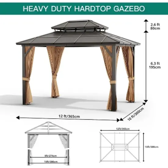 10' x 13' Hardtop Gazebo Metal Gazebo Aluminum Frame, Double Galvanized Steel Roof Curtains Netting Included Pergolas for Patios Garden Parties Khaki image {4}