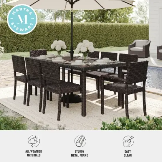 Martha Stewart Bedford 9-Piece Indoor-Outdoor Dining Set with 8 Stackable Dining Chairs and 71" Patio Table with Engineered Wood Top in Rattan Wicker image {4}