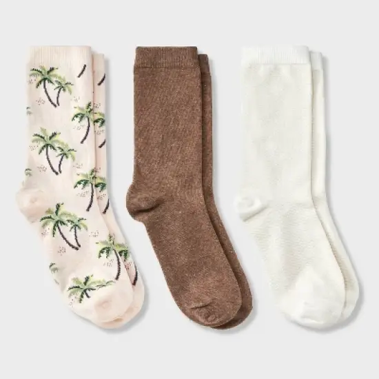 Women's Palm Tree 3pk Crew Socks - A New Day&trade; Pink/Brown Heather/Ivory 4-10: Cotton Blend, Tagless, Smooth Toe Seams image {3}