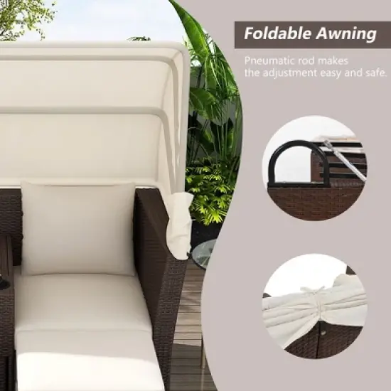 Outdoor Daybed, Double Daybed With Retractable Sunshade Canopy, Built-in Cup Holders And Storage Boxes, 2 Pillows, 2-Seater Sofa For Garden image {3}