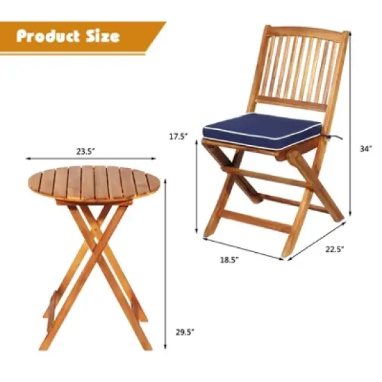 Tangkula 3PCS Folding Patio Conversation Set Acacia Wood Bistro Set w/ Cushions image {8}