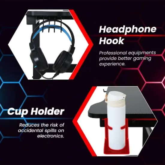 BestMassage 47 Inch Computer Desk Gaming Desk Writing Desk T-Shaped Office Desk PC Desk with Built-in Cup Holder, Red image {4}