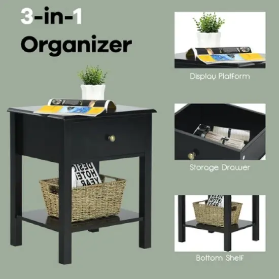 Costway 2PCS Nightstand  Drawer Shelf Storage Display Black image {6}