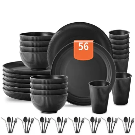 Itopfox 56-Piece Black Wheat Straw Dinnerware Set, Unbreakable Plates, Bowls, Cups & Utensils, Microwave & Dishwasher Safe, Reusable for Home, Office image {7}