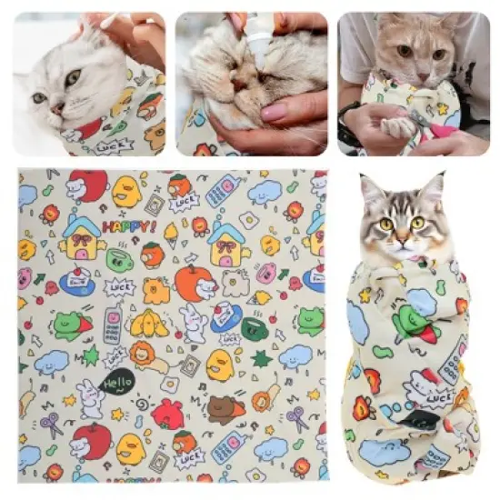 Unique Bargains Multifunctional Grooming Cat Wrap Yellow image {6}