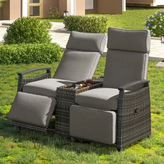 Whisen Patio Recliner Loveseat Chair, Adjustable Backrest Wicker Outdoor Lounge Chair Set with Acacia Wood Armrests and Built-in Storage Table image {1}