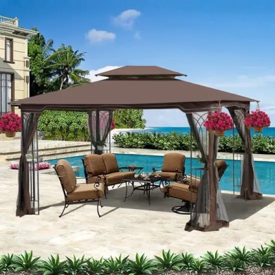 Gulches 10x12 Ft Outdoor Patio Gazebo Replacement Canopy - Double Tiered Roof Top Cover (Frame Not Included) for Gazebo, Brown Color (TOP ONLY) image {8}