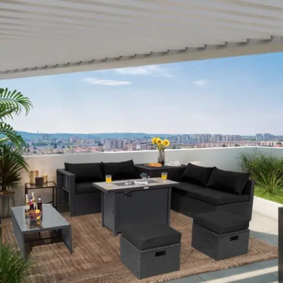 Tangkula 9 PCS Outdoor PE Rattan Wicker Sectional Sofa with 42" 60,000 BTU Gas Fire Pit Table Space-Saving Conversation Set with Storage Box Black image {2}