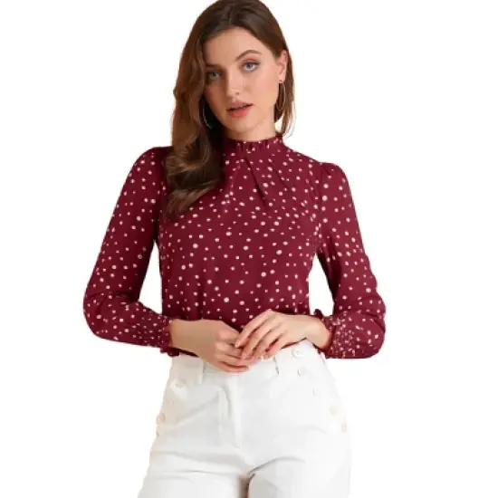 Allegra K Women's Smocked Cuffs Top Puff Sleeve Ruffled Neck Vintage Printed Blouses image {8}