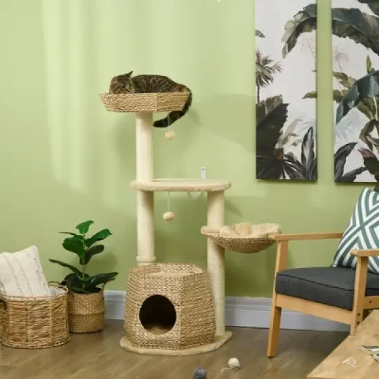 SKYONE 47" Natural Cat Tree with Sisal Scratching Posts, Soft Cushion Beds, Multi-Level Platforms, image {1}