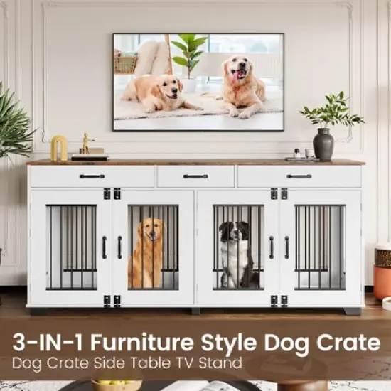 71-Inch Large Dog Crate with 3 Drawers for 2 Dogs, Spacious Wooden Indoor Kennel with Divider, Large Breed Dog Crate and TV Stand for Medium Large Dog image {5}