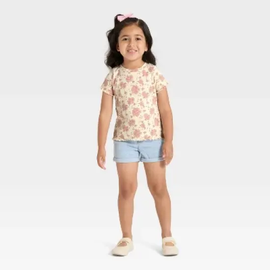 Toddler Girls' Short Sleeve Floral Ribbed T-Shirt - Cat & Jack&trade; Beige 3T image {2}