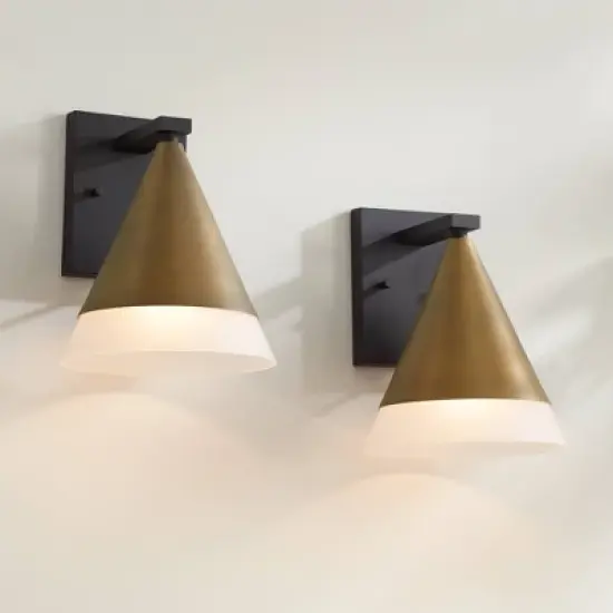 Possini Euro Design Possini Euro Leo 10"H Sand Black and Brass Outdoor Wall Light Set of 2 image {1}