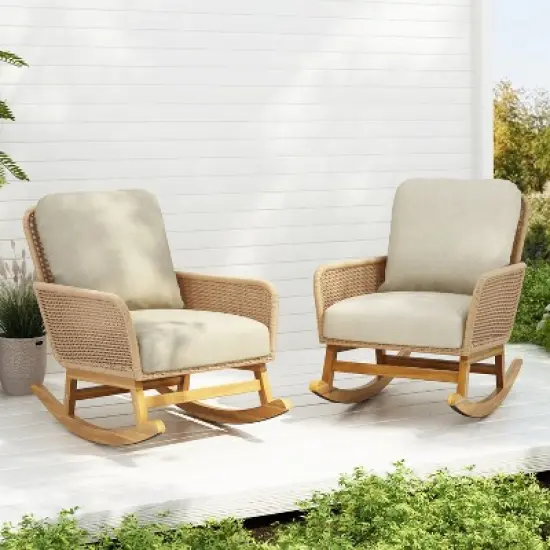 Christopher Knight Home Tamid Outdoor Rustic Wood, Rattan and Metal Rocking Chair with Cushion (Set of 2) image {1}