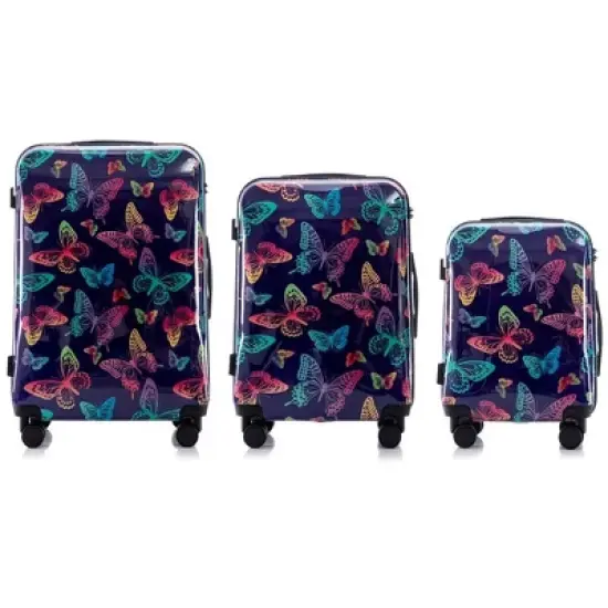 Multi-color Design ABS Hard Shell Lightweight with 360&deg; Dual Spinning Wheels & Combo Lock &ndash; Includes 28", 24", 20" 3-Piece Luggage Set - Butterfly image {1}