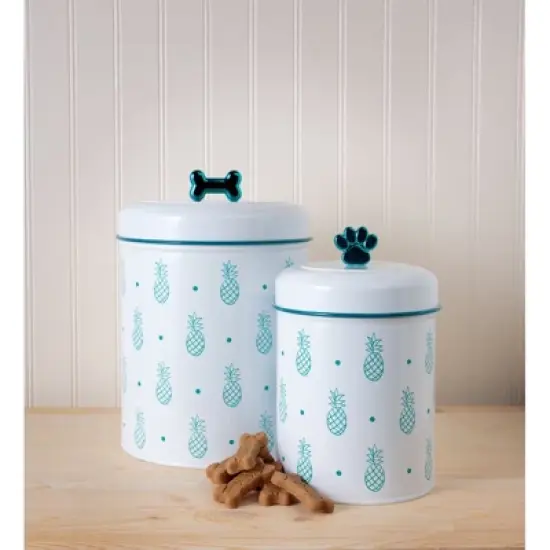 Amici Pet Pineapple Canister Decorative Metal Treat Storage Container with Figural Knob, Metallic Turquoise Accents image {2}