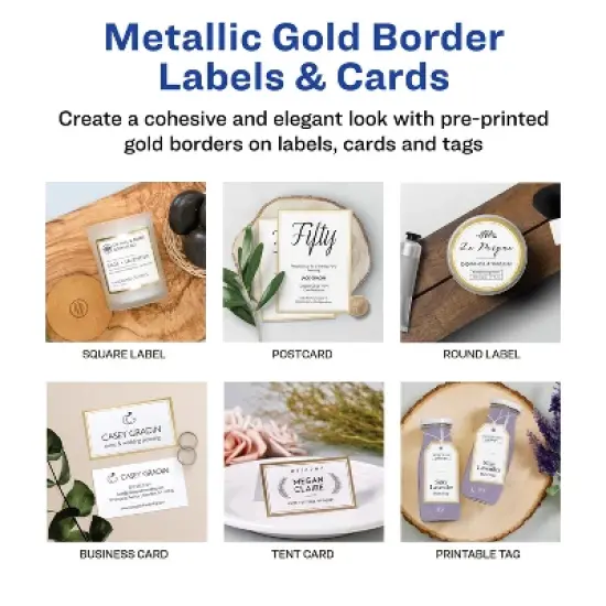 Avery Matte White Labels with Metallic Gold Borders, 3" x 3" Square Labels, 60 Total, Laser/Inkjet Printable Labels (6542) image {3}