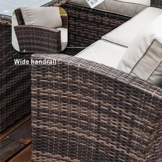 Moda Furnishings 6 - Person Wicker Patio Dining Set with Rectangular Table, Cushions Included image {7}