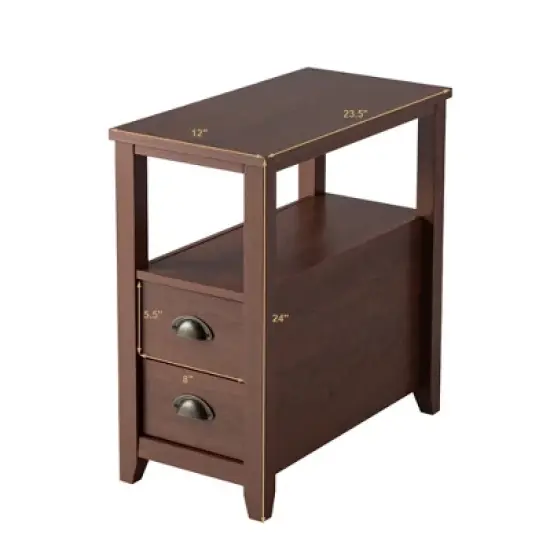 Tangkula Retro Wooden Side End Table Rectangular Nightstand with 2 Drawers and Shelf Coffee/Brown image {4}