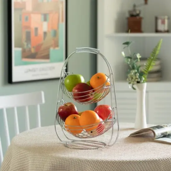 Basicwise 2 Tier Metal Fruit Holder Swing Basket for Kitchen | Detachable Countertop Vegetables Storage Organizer with Display Hammock Stand image {1}