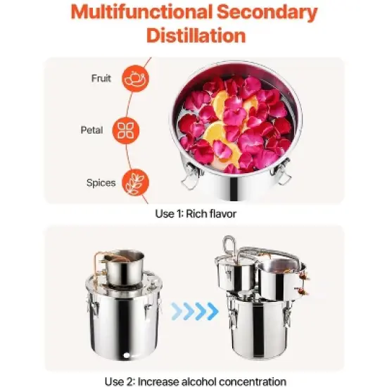 VEVOR Alcohol Still, 3 Gal / 11.4 L Stainless Steel Water Alcohol Distiller with Copper Coil for Fast Cooling, Dual Condenser Distiller Kit, Silver image {4}