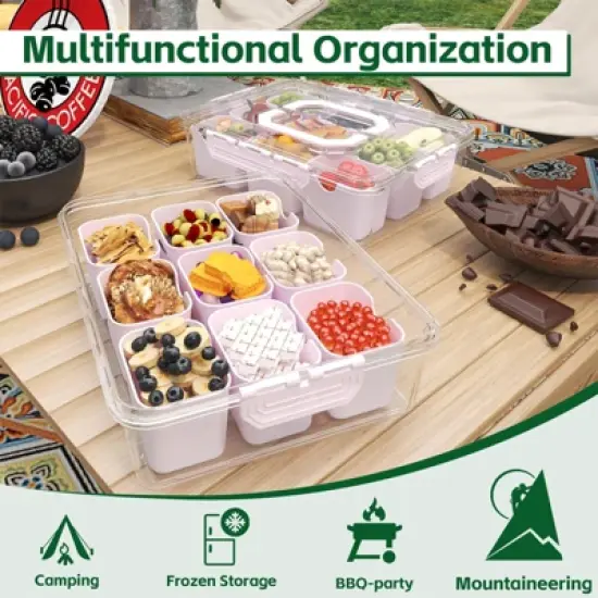 OBOKATA Divided Serving Tray with Lid and Handles 9 Compartments Snack Box Container Charcuterie Organizer Snackle Box Container for Candy,Nuts,Pink image {2}