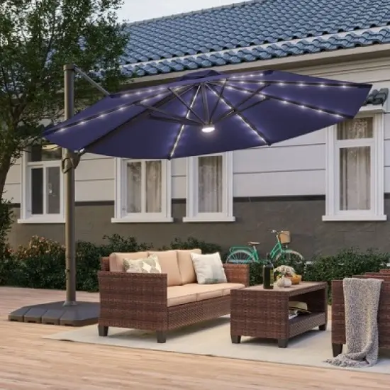 Sonkuki Outdoor 11Ft Aluminum LED Cantilever Patio Umbrella with Base for Patio Deck Garden image {13}