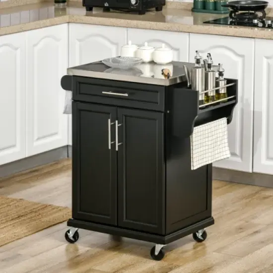 HOMCOM Rolling Kitchen Island Utility Trolley, Storage Cart on Wheels With Drawer, Spice Rack, Black image {2}