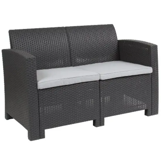 Flash Furniture Faux Rattan Loveseat with All-Weather Cushions image {10}