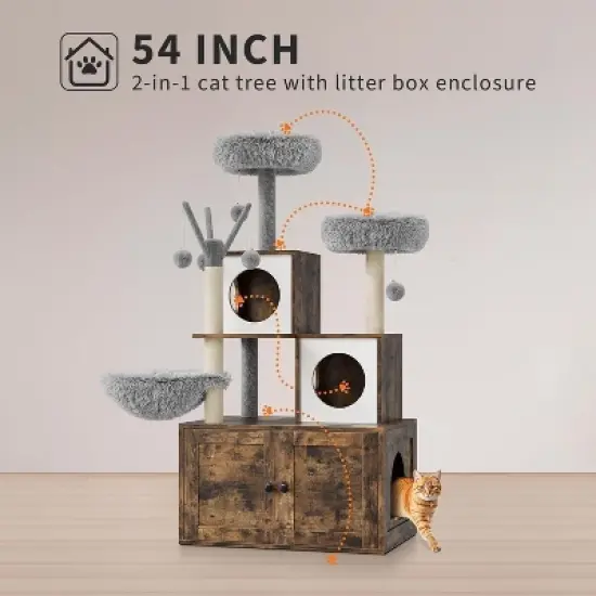 54in Tall 2-in-1 Wooden Cat Tree, Modern Multi-Level Pussy Tower Condo Toilet Furniture, Large Cat Play House, Scratching Post and Dangling Balls image {6}