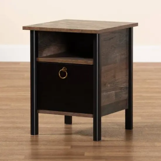 Vaughan Two-Tone Rustic Finished Wood Nightstand Walnut - Baxton Studio image {6}