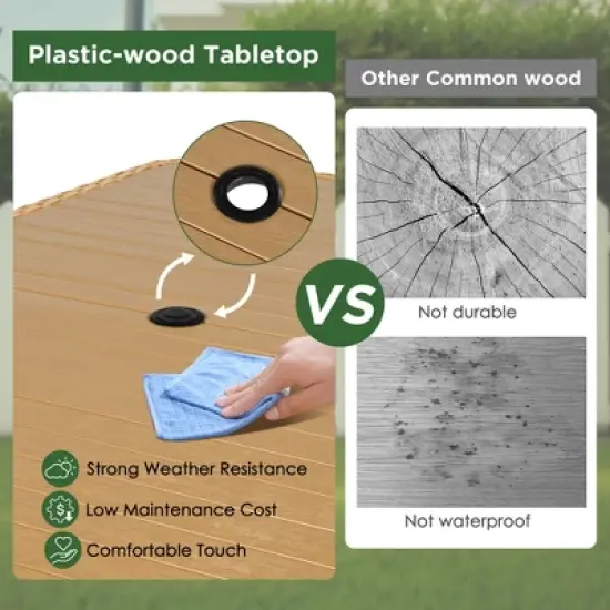 FIONECA 7-Piece Outdoor Wicker Patio Dining Set with Plastic-Wood Table Top, Umbrella Hole, Beige Cushions &uml;C Backyard, Garden & Poolside Furniture image {4}